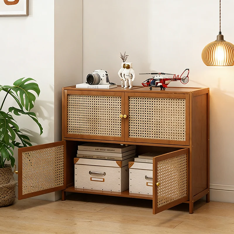 Traditional Vintage Bamboo Rattan Glass Rectangular Storage Cabinet With 2/3/4/5/6 Tiers For Living Room