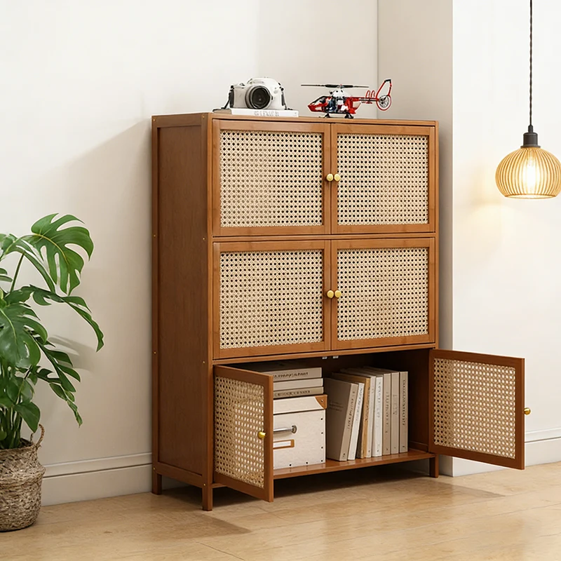Traditional Vintage Bamboo Rattan Glass Rectangular Storage Cabinet With 2/3/4/5/6 Tiers For Living Room
