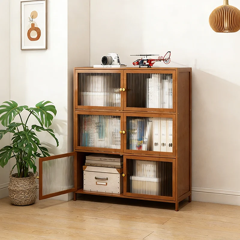 Traditional Vintage Bamboo Rattan Glass Rectangular Storage Cabinet With 2/3/4/5/6 Tiers For Living Room