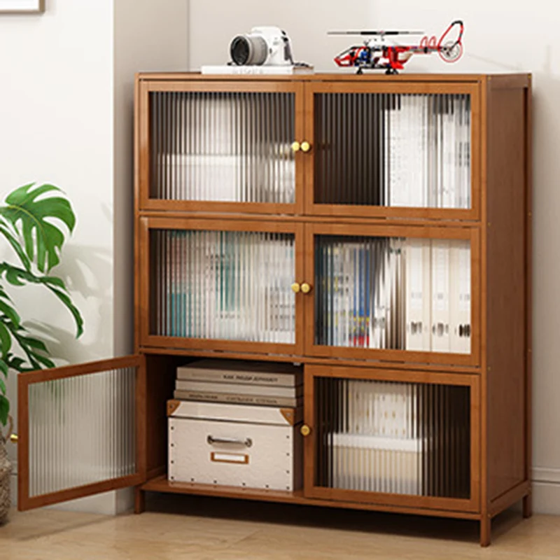 Traditional Vintage Bamboo Rattan Glass Rectangular Storage Cabinet With 2/3/4/5/6 Tiers For Living Room