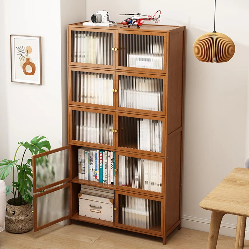 Traditional Vintage Bamboo Rattan Glass Rectangular Storage Cabinet With 2/3/4/5/6 Tiers For Living Room