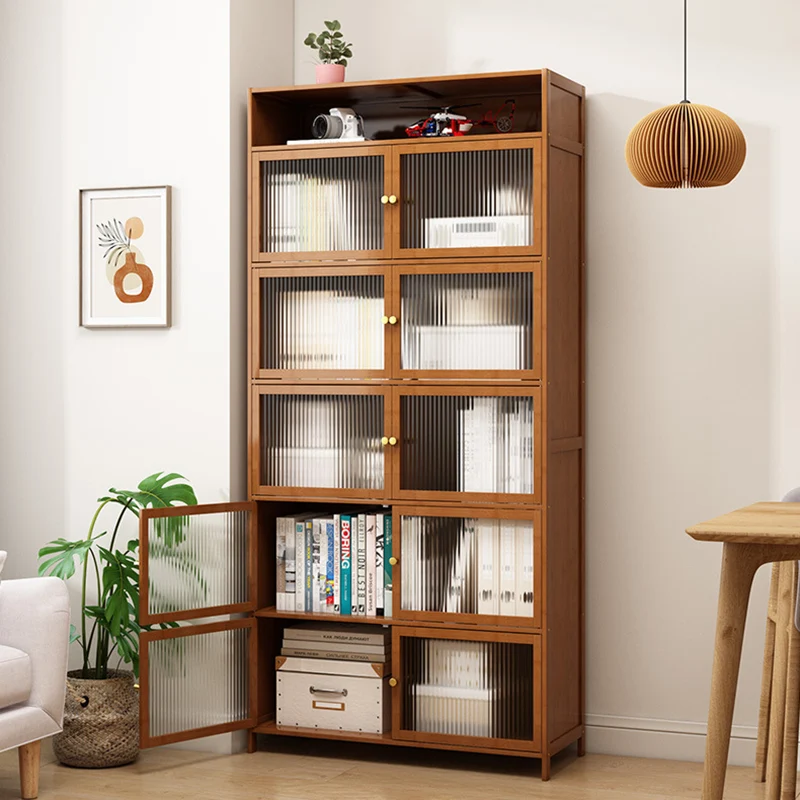 Traditional Vintage Bamboo Rattan Glass Rectangular Storage Cabinet With 2/3/4/5/6 Tiers For Living Room