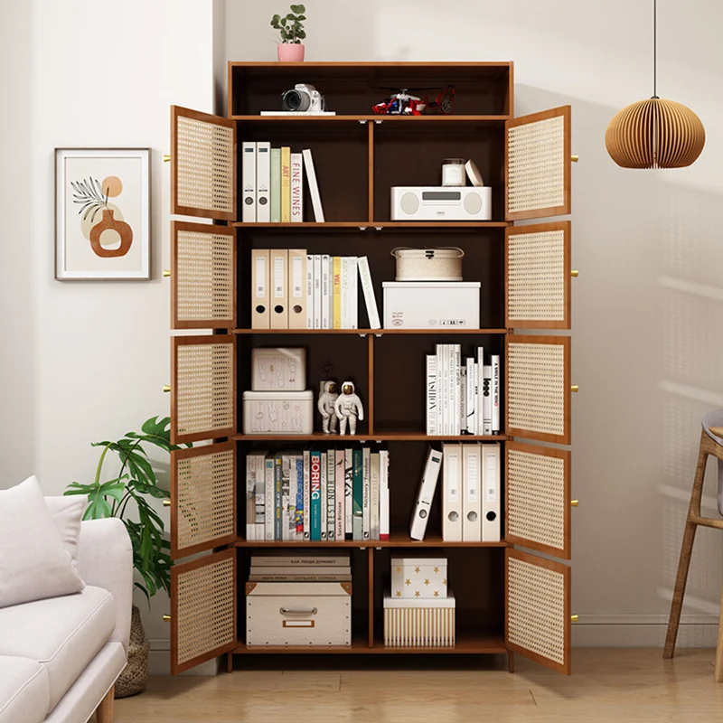 Traditional Vintage Bamboo Rattan Glass Rectangular Storage Cabinet With 2/3/4/5/6 Tiers For Living Room