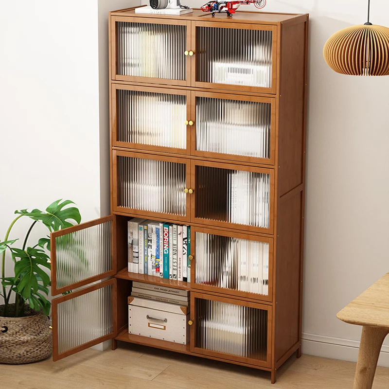 Traditional Vintage Bamboo Rattan Glass Rectangular Storage Cabinet With 2/3/4/5/6 Tiers For Living Room