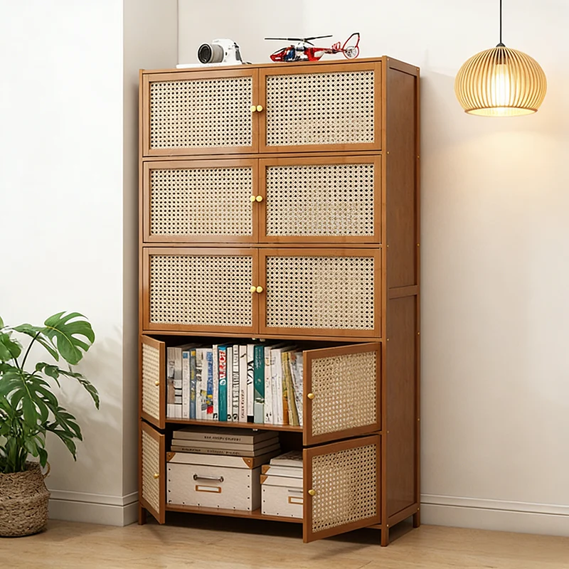 Traditional Vintage Bamboo Rattan Glass Rectangular Storage Cabinet With 2/3/4/5/6 Tiers For Living Room