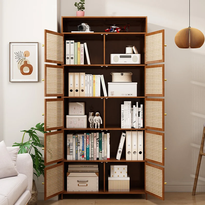Traditional Vintage Bamboo Rattan Glass Rectangular Storage Cabinet With 2/3/4/5/6 Tiers For Living Room