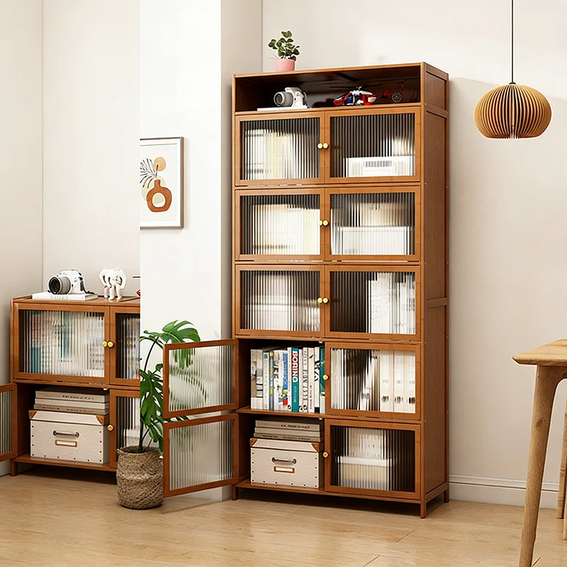 Traditional Vintage Bamboo Rattan Glass Rectangular Storage Cabinet With 2/3/4/5/6 Tiers For Living Room