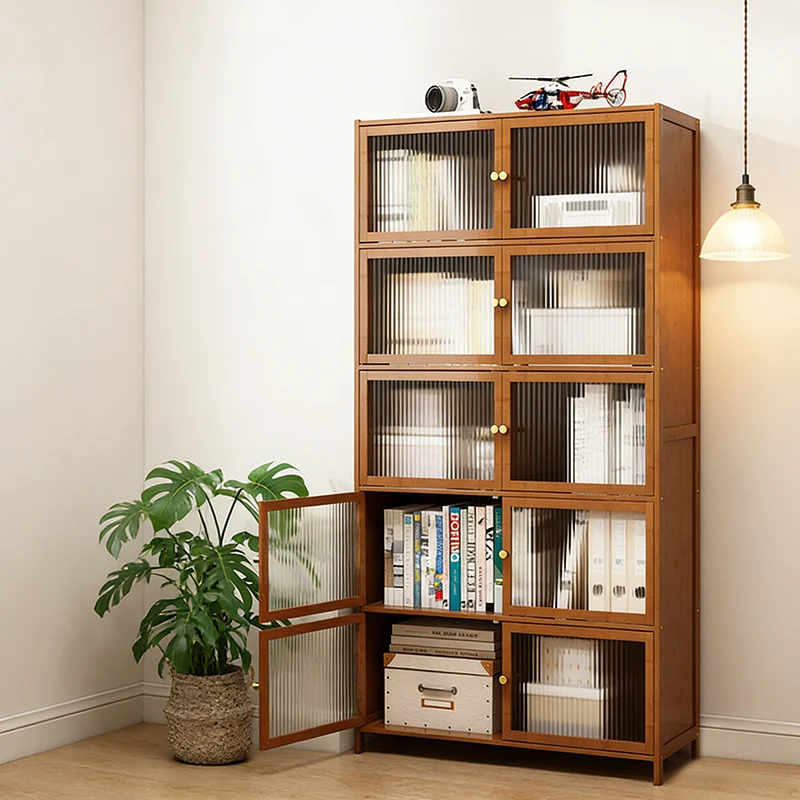 Traditional Vintage Bamboo Rattan Glass Rectangular Storage Cabinet With 2/3/4/5/6 Tiers For Living Room
