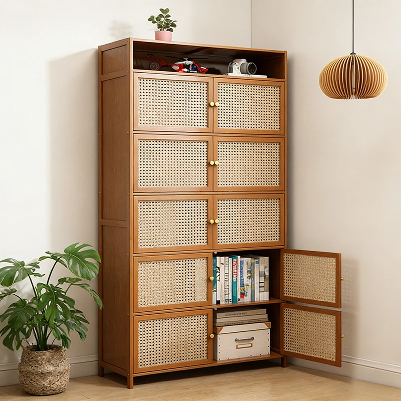 Traditional Vintage Bamboo Rattan Glass Rectangular Storage Cabinet With 2/3/4/5/6 Tiers For Living Room