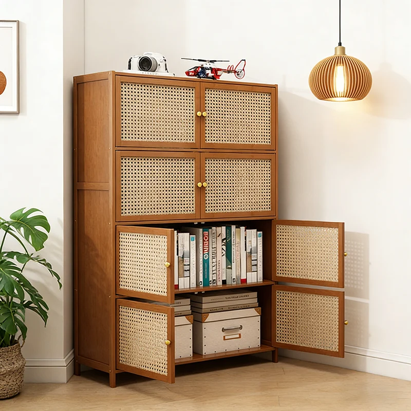 Traditional Vintage Bamboo Rattan Glass Rectangular Storage Cabinet With 2/3/4/5/6 Tiers For Living Room