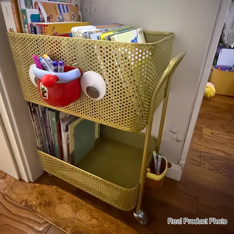 Modern Minimalist Iron Rectangular Movable Kids Storage Shelf 2-Tier For Living Room