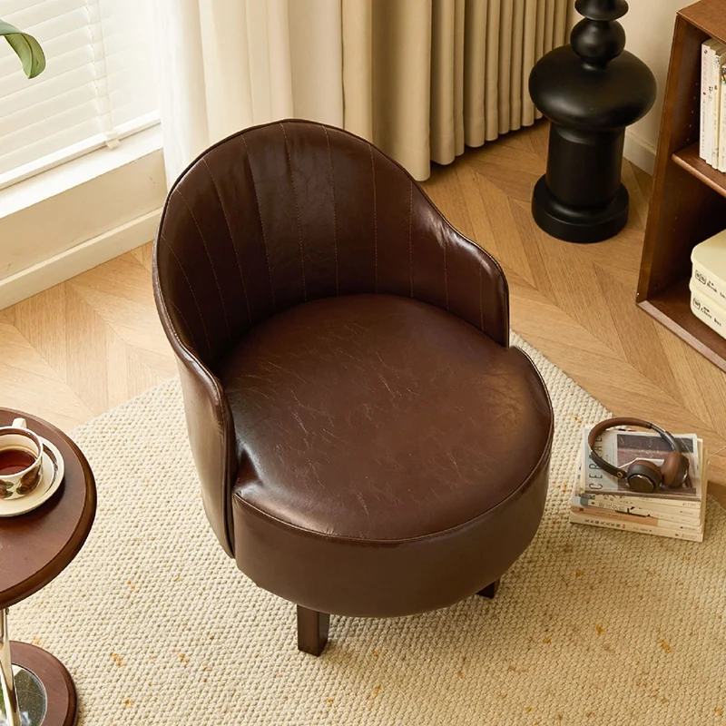 Traditional Chinese Rubber Wood Faux Oil Wax Leather Curved Swivel Accent Chair With Backrest For Living Room