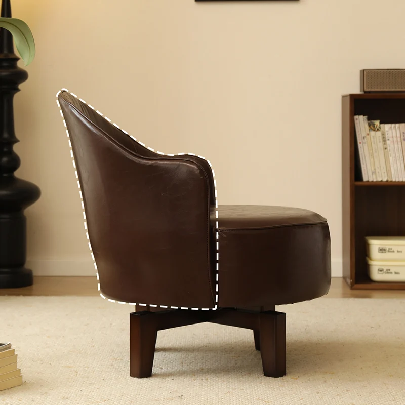 Traditional Chinese Rubber Wood Faux Oil Wax Leather Curved Swivel Accent Chair With Backrest For Living Room