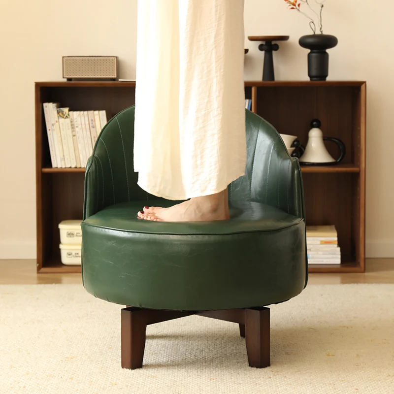 Traditional Chinese Rubber Wood Faux Oil Wax Leather Curved Swivel Accent Chair With Backrest For Living Room