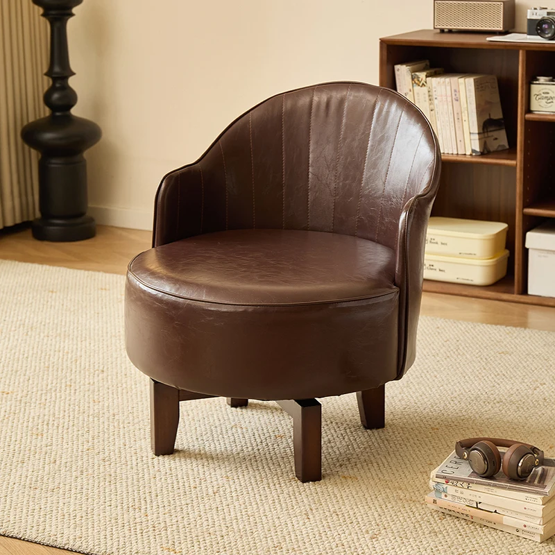 Traditional Chinese Rubber Wood Faux Oil Wax Leather Curved Swivel Accent Chair With Backrest For Living Room