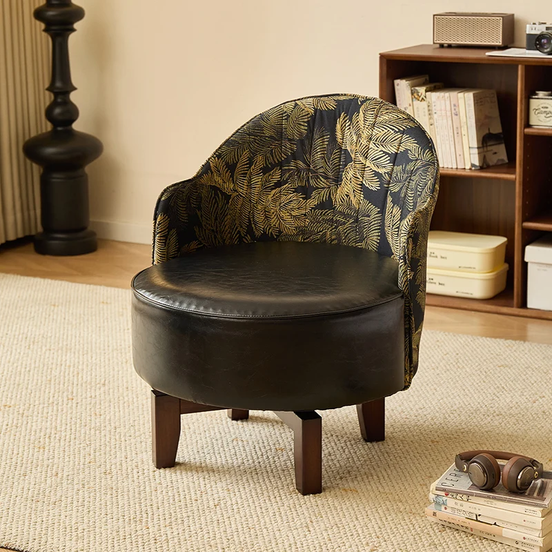 Traditional Chinese Rubber Wood Faux Oil Wax Leather Curved Swivel Accent Chair With Backrest For Living Room