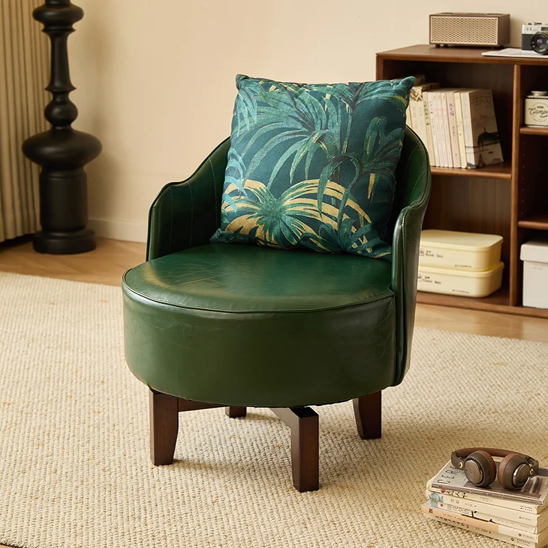 Traditional Chinese Rubber Wood Faux Oil Wax Leather Curved Swivel Accent Chair With Backrest For Living Room
