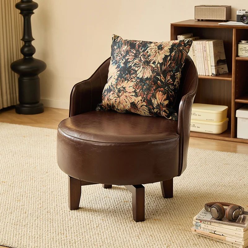 Traditional Chinese Rubber Wood Faux Oil Wax Leather Curved Swivel Accent Chair With Backrest For Living Room
