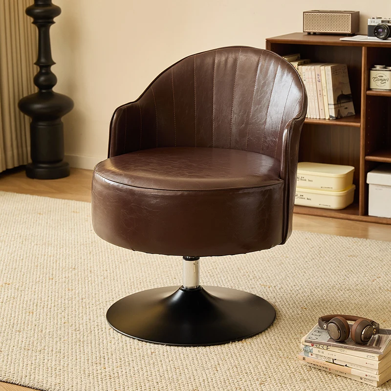 Traditional Vintage Faux Oil Wax Leather Carbon Steel Round Curved Accent Chair With Backrest For Living Room