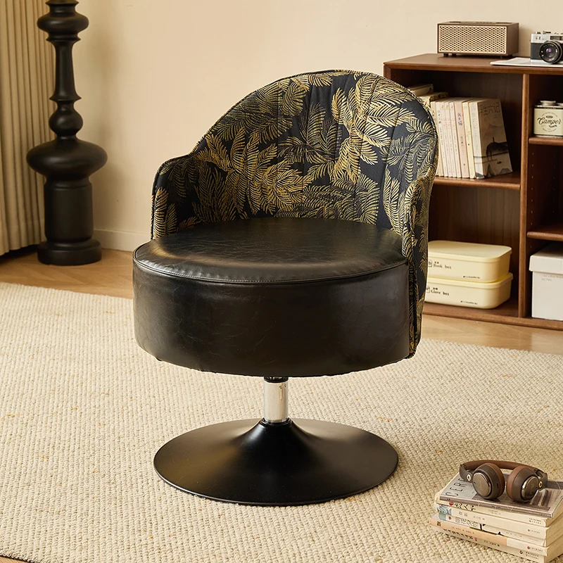 Traditional Vintage Faux Oil Wax Leather Carbon Steel Round Curved Accent Chair With Backrest For Living Room