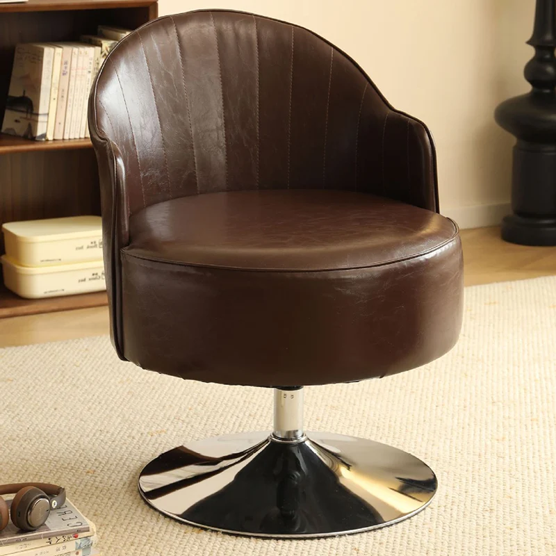 Traditional Vintage Faux Oil Wax Leather Carbon Steel Round Curved Accent Chair With Backrest For Living Room