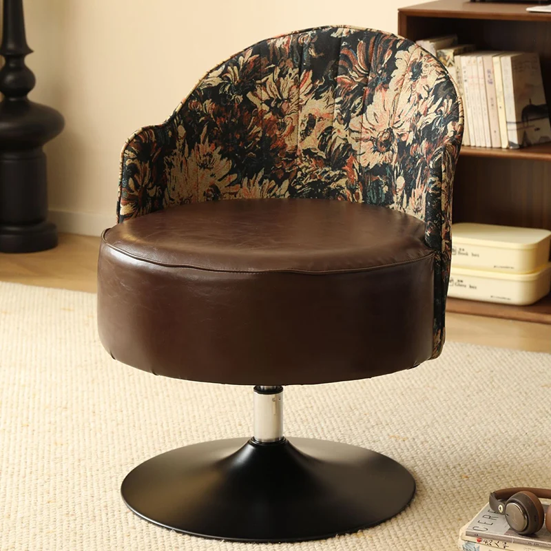 Traditional Vintage Faux Oil Wax Leather Carbon Steel Round Curved Accent Chair With Backrest For Living Room