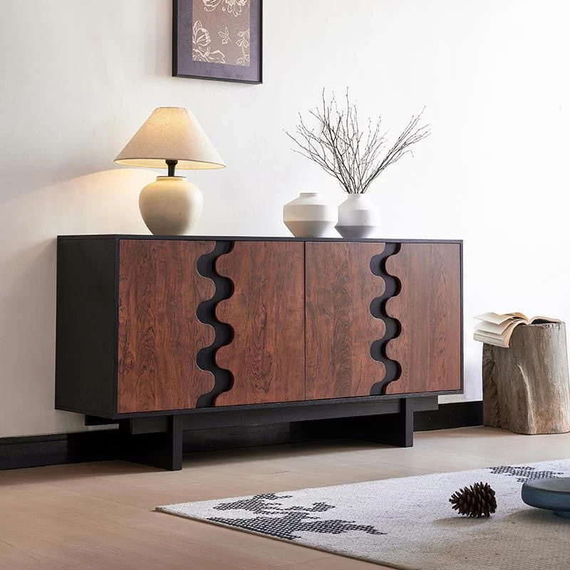 Traditional French Rubber Wood Plywood Wave Rectangular Storage Cabinet With 1/2 Storage For Living Room