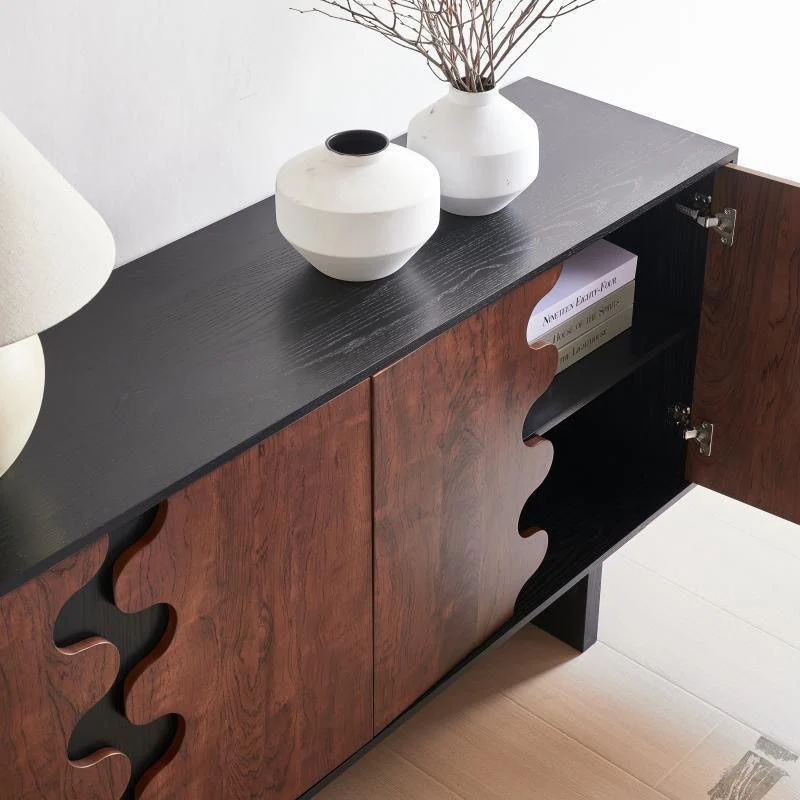 Traditional French Rubber Wood Plywood Wave Rectangular Storage Cabinet With 1/2 Storage For Living Room