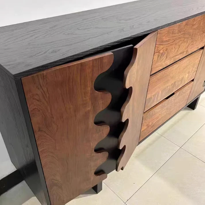 Traditional French Rubber Wood Plywood Wave Rectangular Storage Cabinet With 1/2 Storage For Living Room