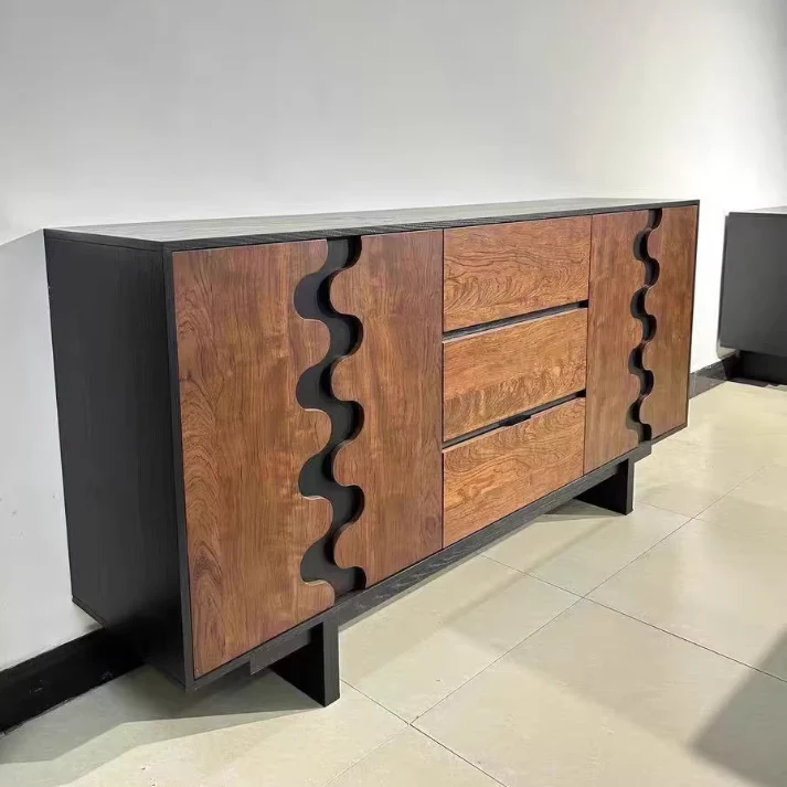 Traditional French Rubber Wood Plywood Wave Rectangular Storage Cabinet With 1/2 Storage For Living Room