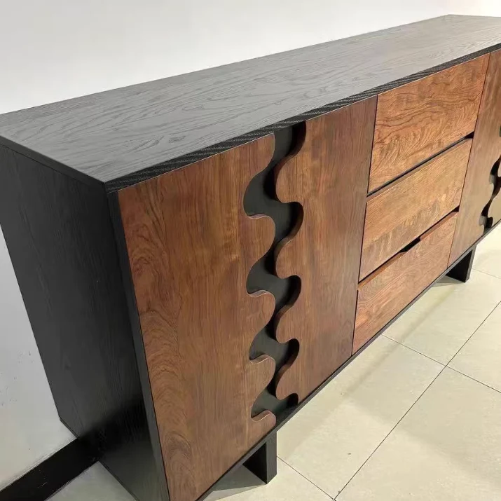 Traditional French Rubber Wood Plywood Wave Rectangular Storage Cabinet With 1/2 Storage For Living Room