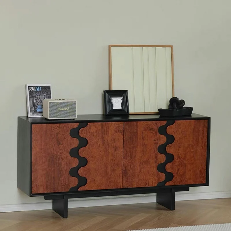 Traditional French Rubber Wood Plywood Wave Rectangular Storage Cabinet With 1/2 Storage For Living Room