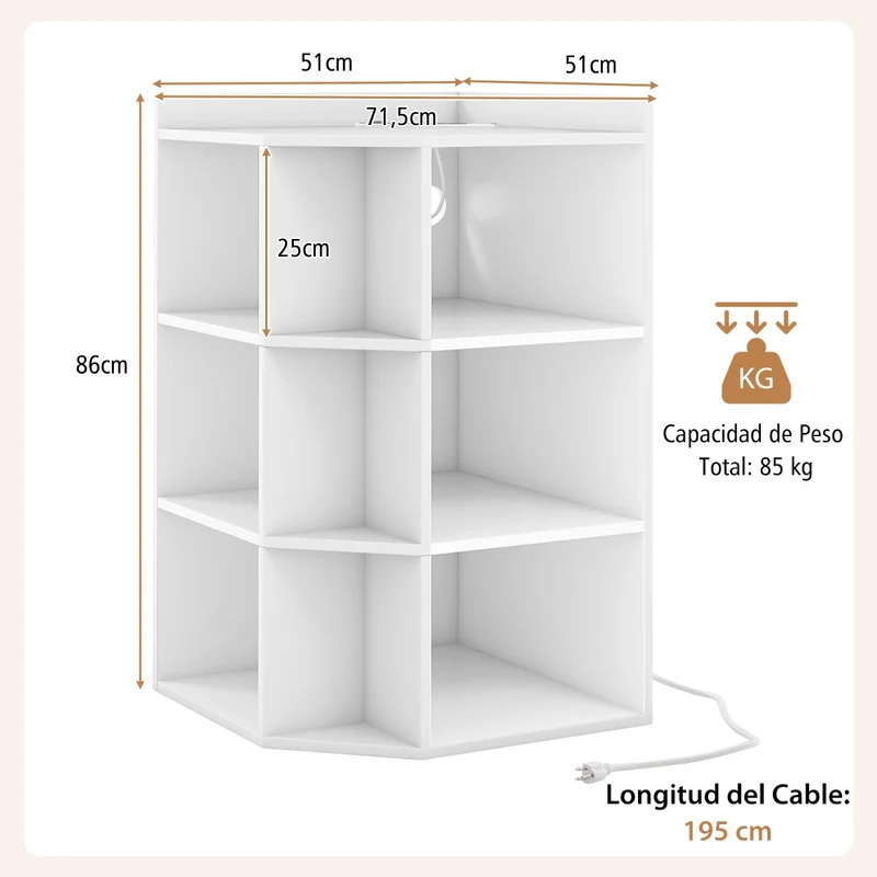 Armário de Canto com 3 Níveis e Estação de Carregamento com 9 Cubículos e 2 Portas USB – Branco