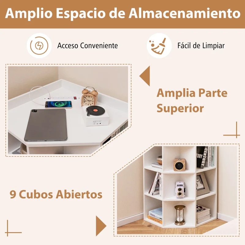 Armário de Canto com 3 Níveis e Estação de Carregamento com 9 Cubículos e 2 Portas USB – Branco