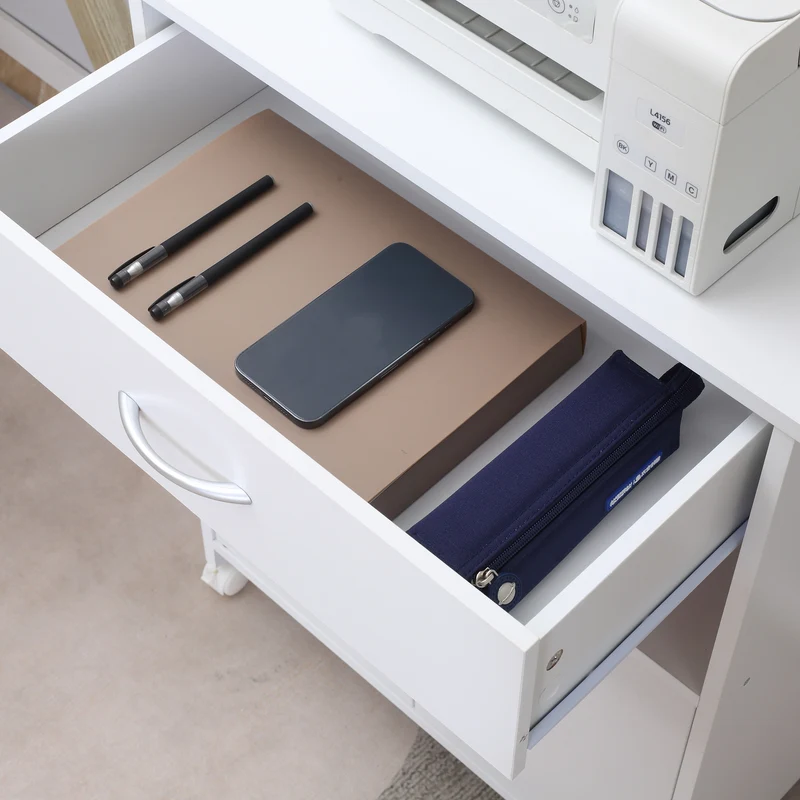Armário para Impressora Móvel para Impressora com Rodas Gaveta 2 Portas e Compartimento Aberto para Sala de Estar Escritório Estúdio 60x39x80cm Branco