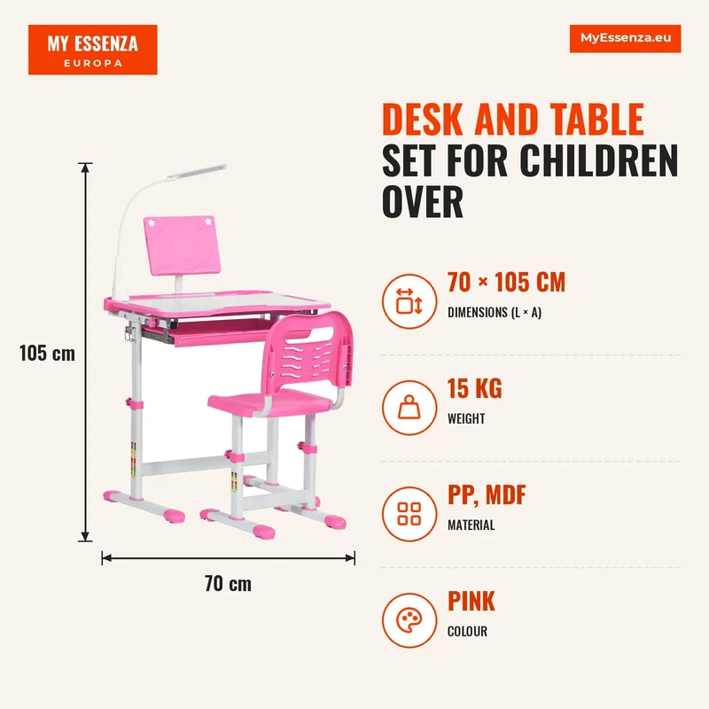 Conjunto de Secretária e Mesa para Crianças acima de 6 Anos Secretária Infantil com Altura Ajustável Mesa Inclinável Lâmpada Gaveta e Prateleira para Livros Rosa