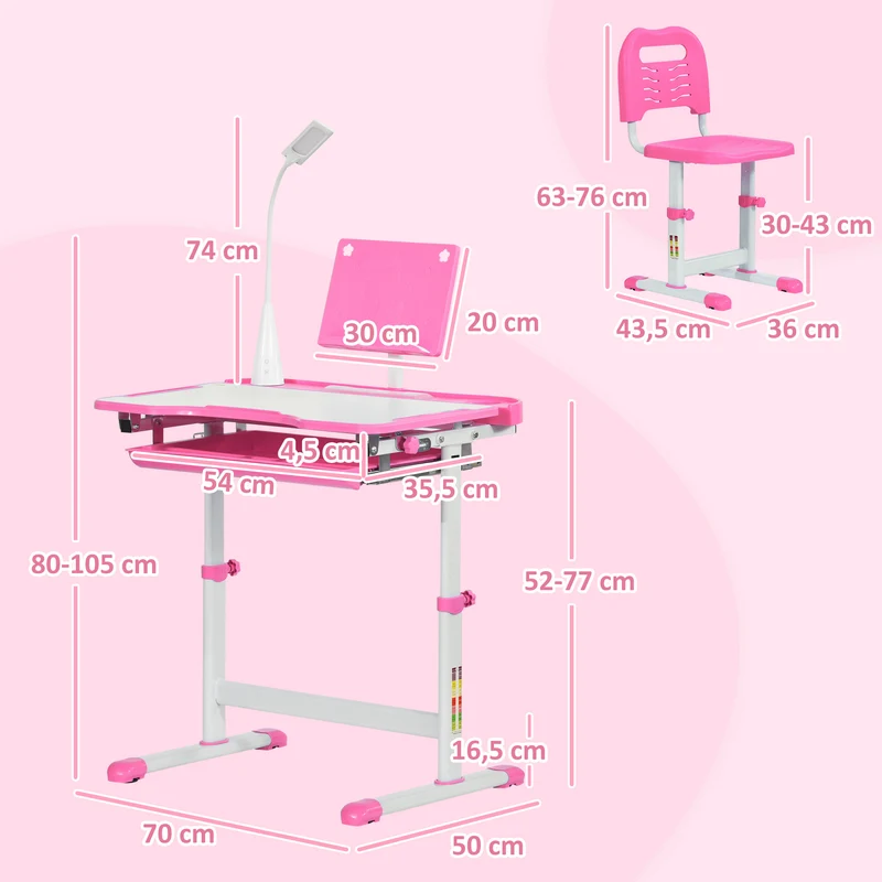 Conjunto de Secretária e Mesa para Crianças acima de 6 Anos Secretária Infantil com Altura Ajustável Mesa Inclinável Lâmpada Gaveta e Prateleira para Livros Rosa