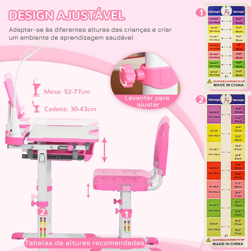 Conjunto de Secretária e Mesa para Crianças acima de 6 Anos Secretária Infantil com Altura Ajustável Mesa Inclinável Lâmpada Gaveta e Prateleira para Livros Rosa