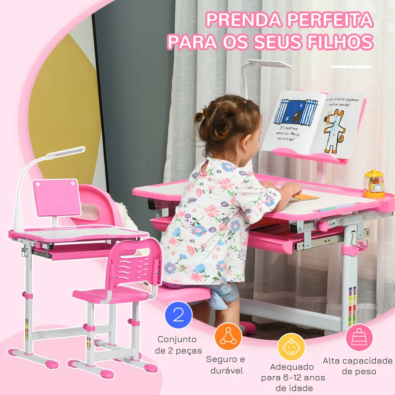 Conjunto de Secretária e Mesa para Crianças acima de 6 Anos Secretária Infantil com Altura Ajustável Mesa Inclinável Lâmpada Gaveta e Prateleira para Livros Rosa