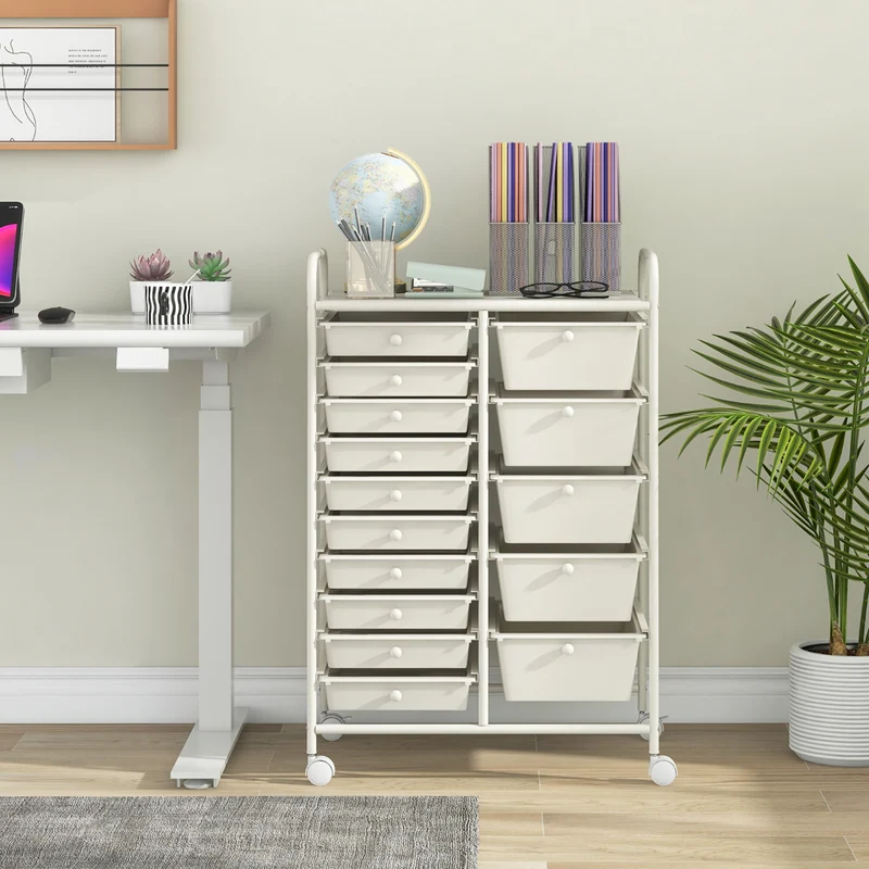 Carro Multiusos com 15 Gavetas Desmontáveis e Rodas com Travão 63 x 37 x 87 cm – Branco