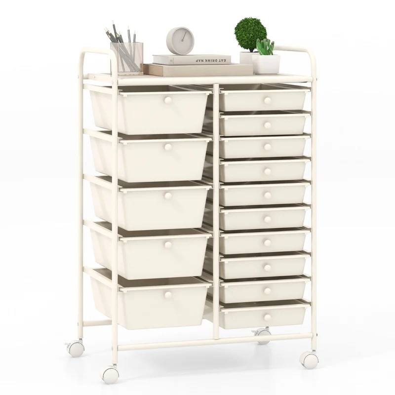 Carro Multiusos com 15 Gavetas Desmontáveis e Rodas com Travão 63 x 37 x 87 cm – Branco