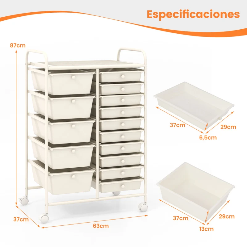 Carro Multiusos com 15 Gavetas Desmontáveis e Rodas com Travão 63 x 37 x 87 cm – Branco