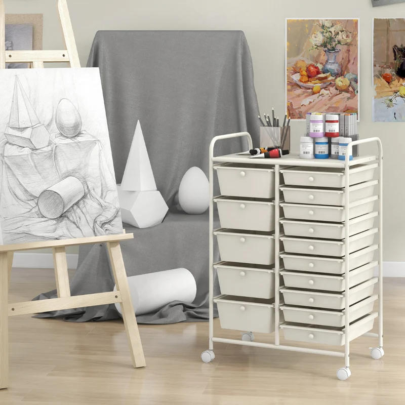 Carro Multiusos com 15 Gavetas Desmontáveis e Rodas com Travão 63 x 37 x 87 cm – Branco