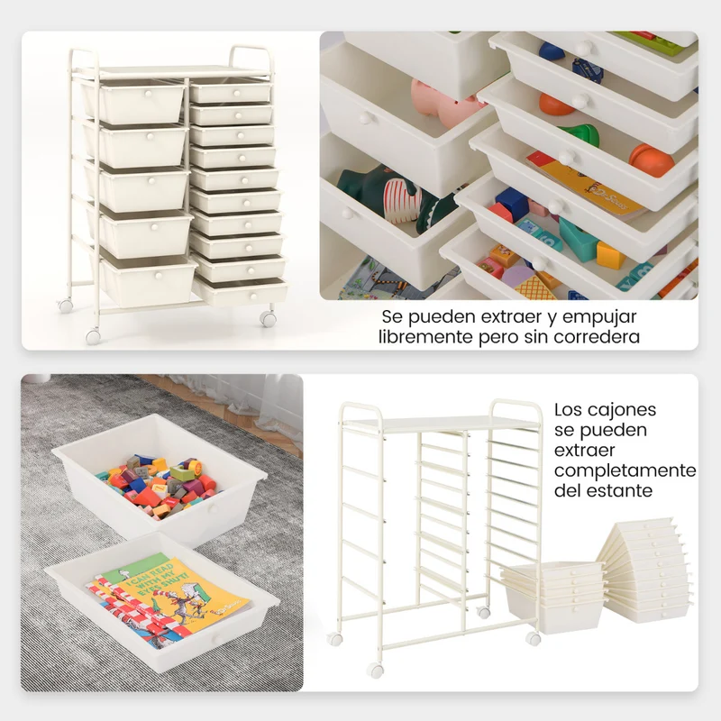 Carro Multiusos com 15 Gavetas Desmontáveis e Rodas com Travão 63 x 37 x 87 cm – Branco