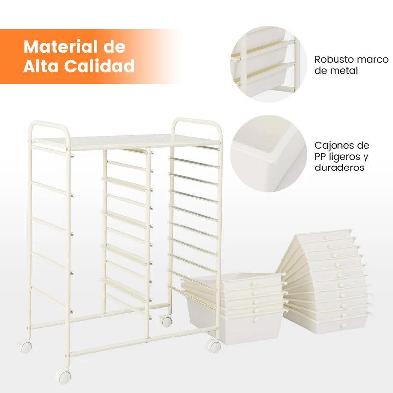 Carro Multiusos com 15 Gavetas Desmontáveis e Rodas com Travão 63 x 37 x 87 cm – Branco