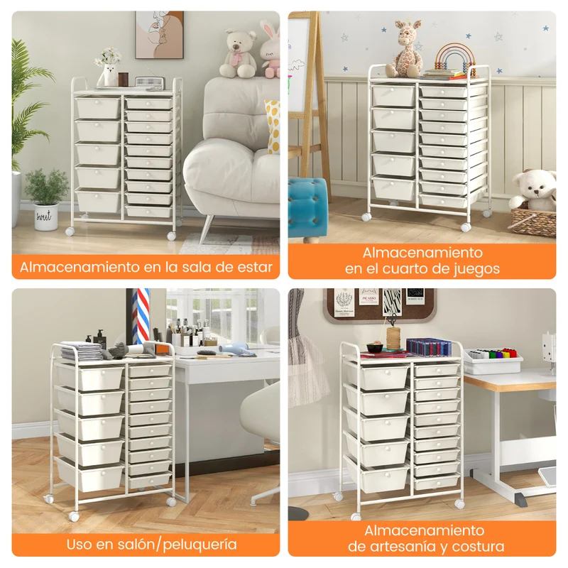 Carro Multiusos com 15 Gavetas Desmontáveis e Rodas com Travão 63 x 37 x 87 cm – Branco