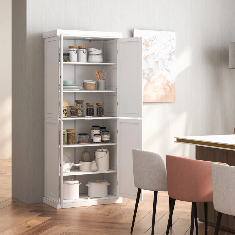 Aparador Alacena com 4 Portas e 6 Prateleiras Armário Madeira 76x40x184,5cm Branco