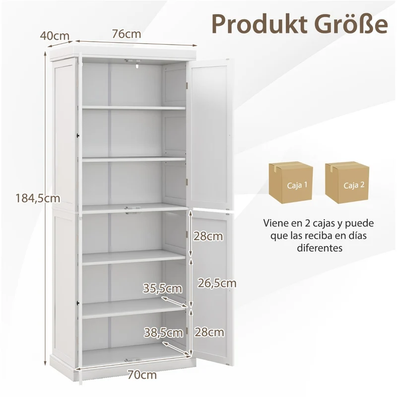 Aparador Alacena com 4 Portas e 6 Prateleiras Armário Madeira 76x40x184,5cm Branco