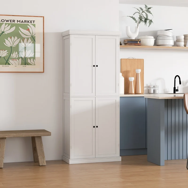 Aparador Alacena com 4 Portas e 6 Prateleiras Armário Madeira 76x40x184,5cm Branco