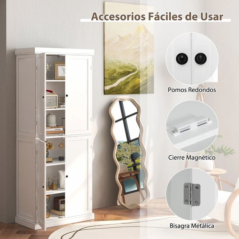 Aparador Alacena com 4 Portas e 6 Prateleiras Armário Madeira 76x40x184,5cm Branco